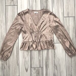 VOGE Boutique Peplum Top Women Large Taupe Excellent Animal Print Satin V-Neck